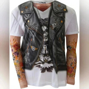 Faux Real T-Shirt Biker Tattoo Leather Vest Long Sleeve Shirt